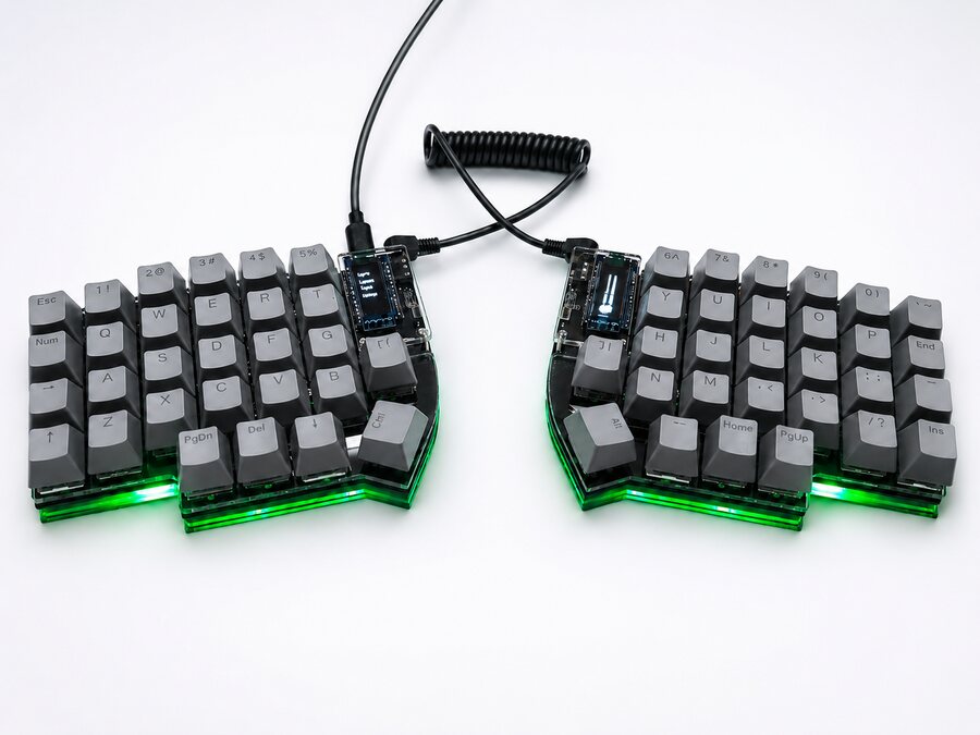 Assembled Lily58 with gray keycaps, photographed on a white background