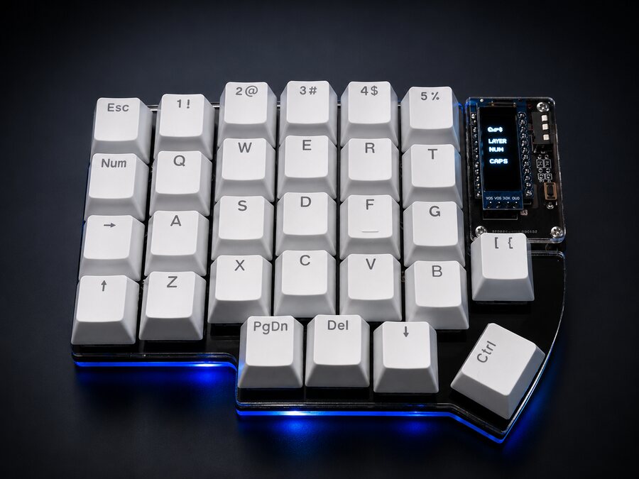 Left half of a white Lily58 on a dark background, with blue light under the acrylic case
